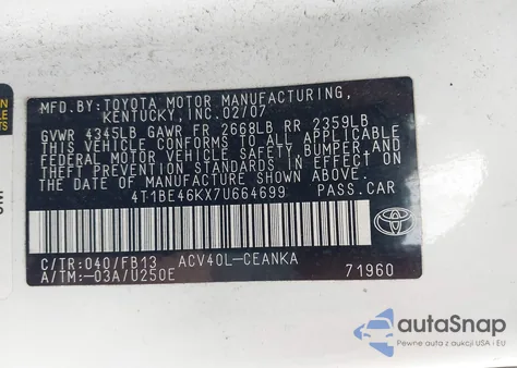 2007 Toyota Camry Le z USA, uszkodzony, nr VIN 4T1BE46KX7U664699